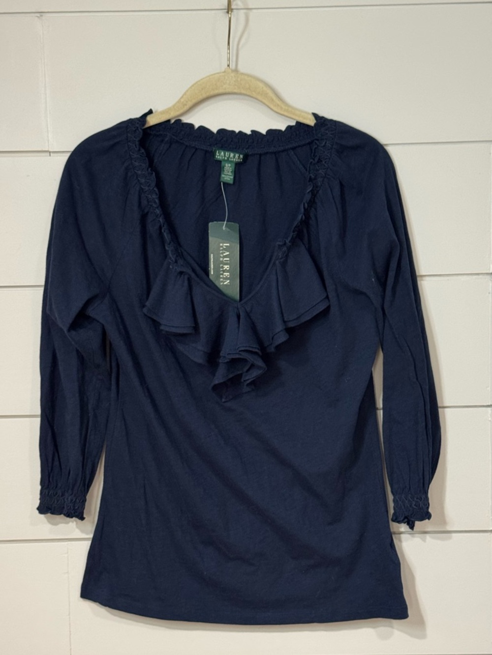 NEW Lauren Ralph Lauren Ruffle-Trim Jersey Blouse Navy Size S